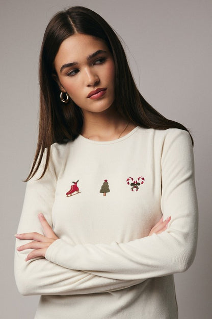 Merry Christmas Round Neck Embroidered Long-Sleeve Top-Cream