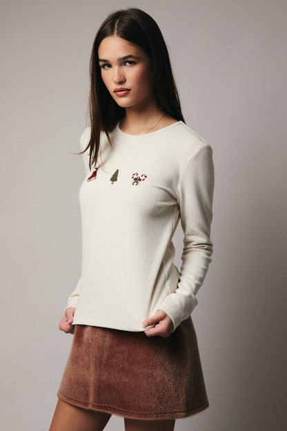 Merry Christmas Round Neck Embroidered Long-Sleeve Top-Cream