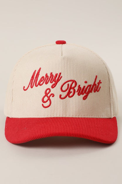 Merry & Bright Embroidered Two-Tone Corduroy Trucker Hat Christmas