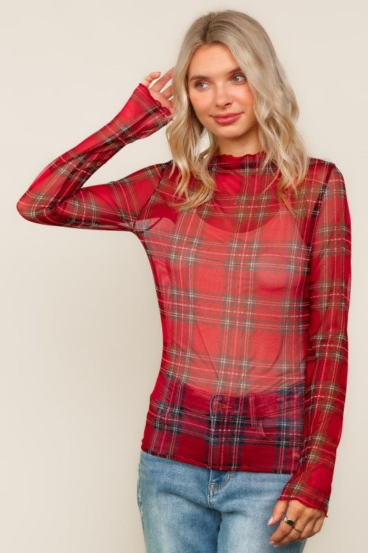 Noel High Neck Plaid Mesh Top – Holiday Red Check - Kiyana Boutique