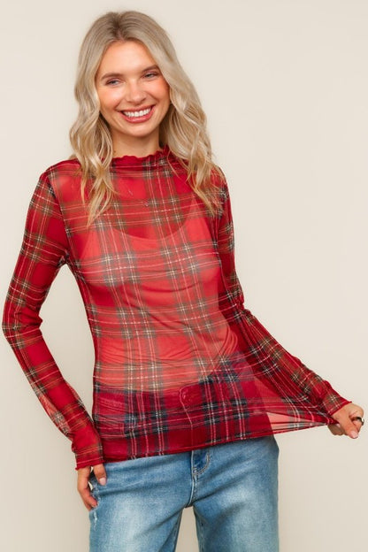 Noel High Neck Plaid Mesh Top – Holiday Red Check - Kiyana Boutique
