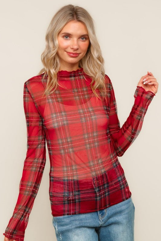 Noel High Neck Plaid Mesh Top – Holiday Red Check - Kiyana Boutique