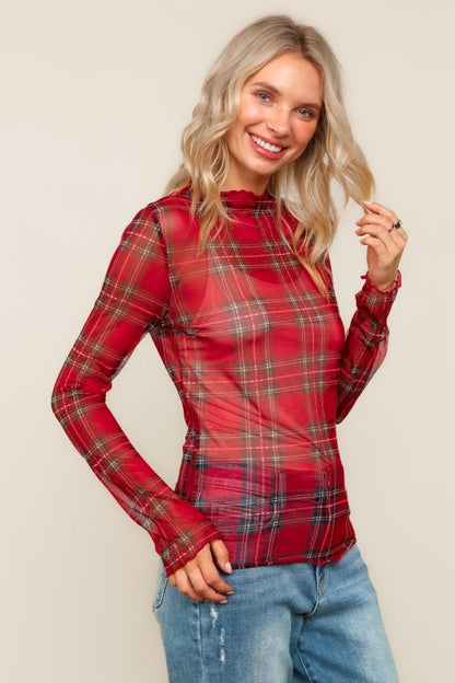 Noel High Neck Plaid Mesh Top – Holiday Red Check - Kiyana Boutique