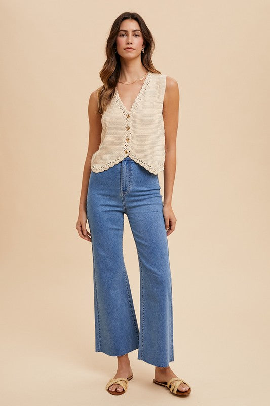Romy Crochet Button Down Sweater Vest-Oatmeal - Kiyana Boutique