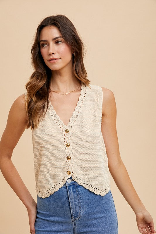 Romy Crochet Button Down Sweater Vest-Oatmeal - Kiyana Boutique