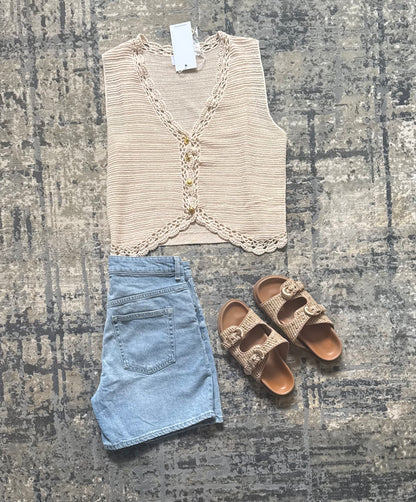 Romy Crochet Button Down Sweater Vest-Oatmeal - Kiyana Boutique
