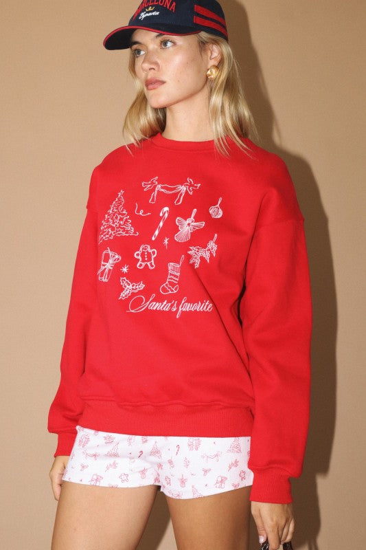 Santa's Favorite Holiday Graphic Sweatshirt –Red - Kiyana Boutique