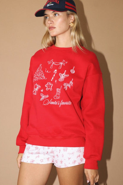 Santa's Favorite Holiday Graphic Sweatshirt –Red - Kiyana Boutique