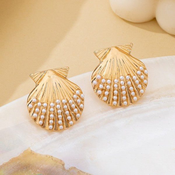 Seaside Scalloped Shell Pearl Stud Earrings - Kiyana Boutique