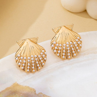 Seaside Scalloped Shell Pearl Stud Earrings - Kiyana Boutique