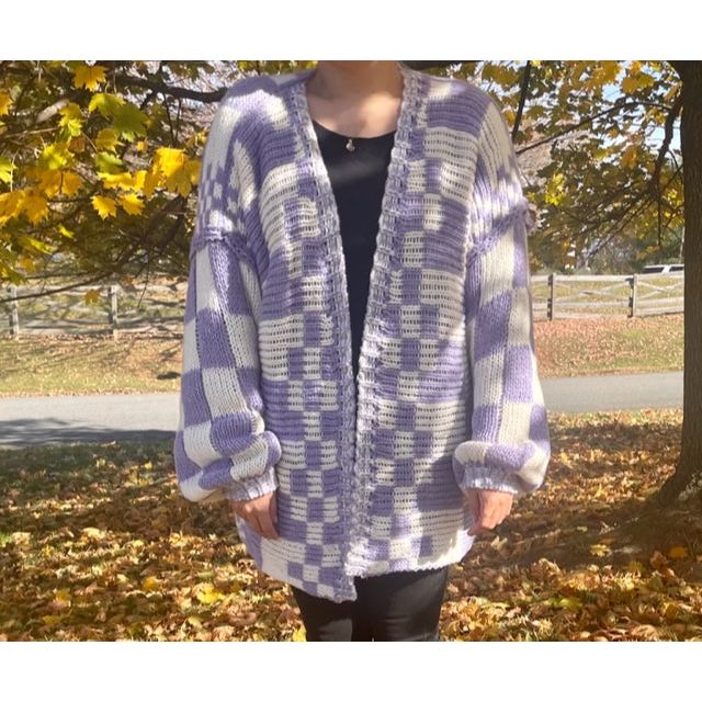 Wyatt Checkered Knit Cardigan-Lavender - Kiyana Boutique