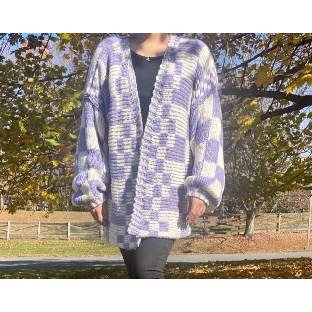 Wyatt Checkered Knit Cardigan-Lavender - Kiyana Boutique