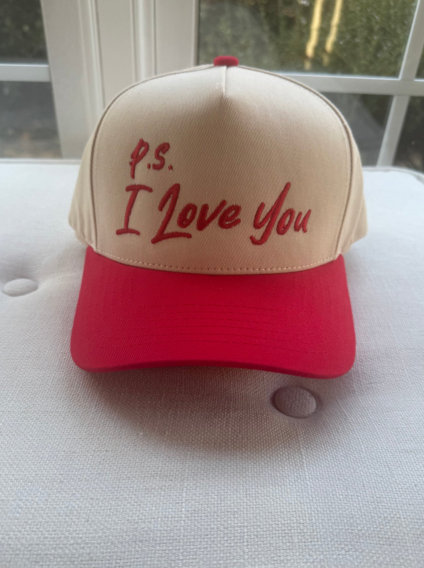 P.S. I Love You Two-Tone Embroidered Trucker Hat Red