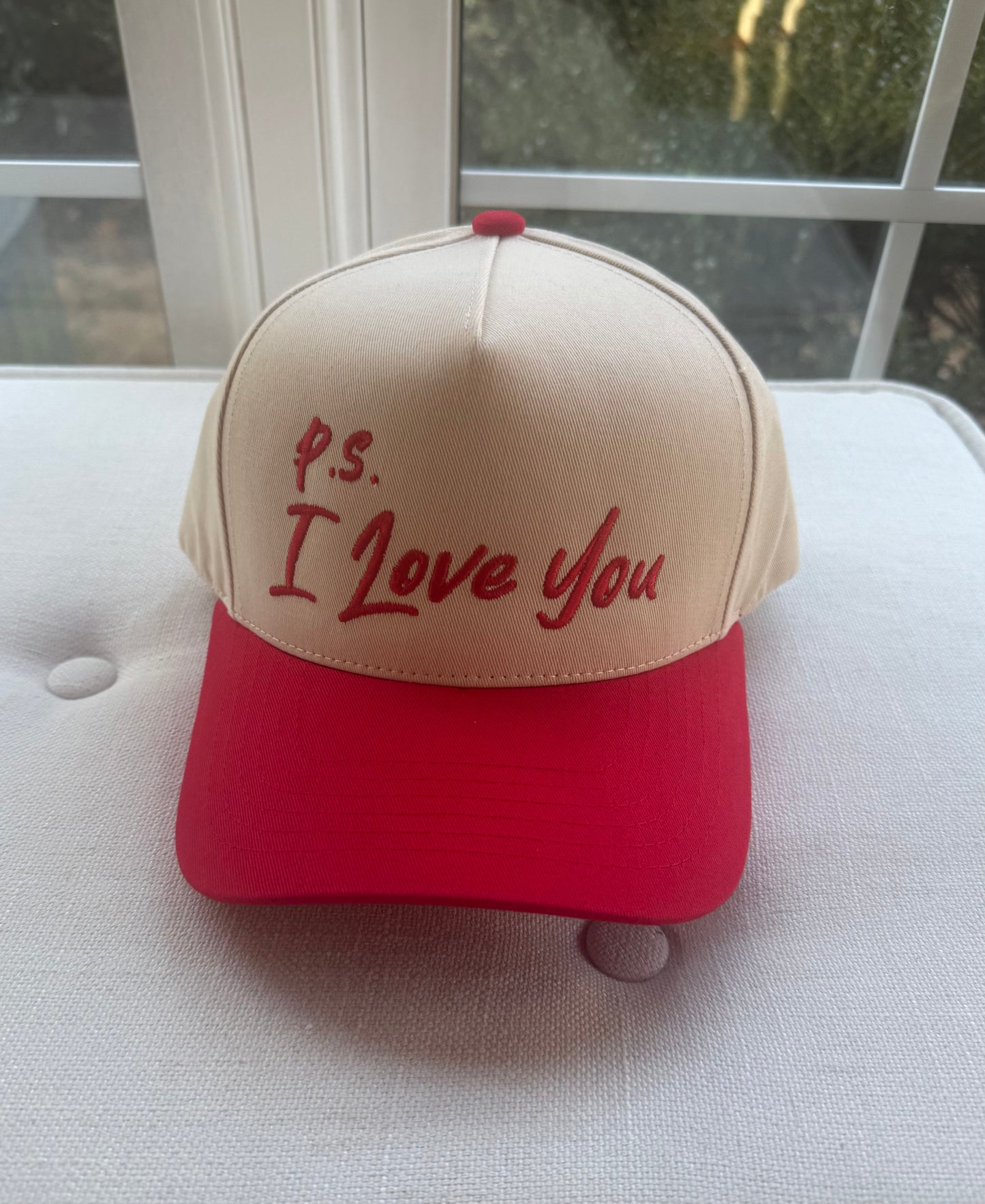 P.S. I Love You Two-Tone Embroidered Trucker Hat Red