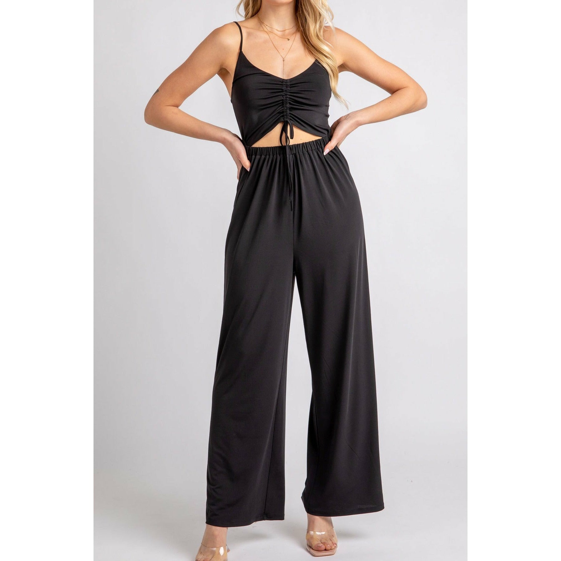 Island Dreams Ruched Front Cutout Cami Jumpsuit-Black - Kiyana Boutique