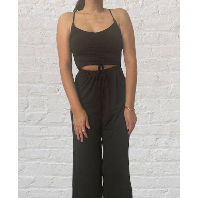 Island Dreams Ruched Front Cutout Cami Jumpsuit-Black - Kiyana Boutique